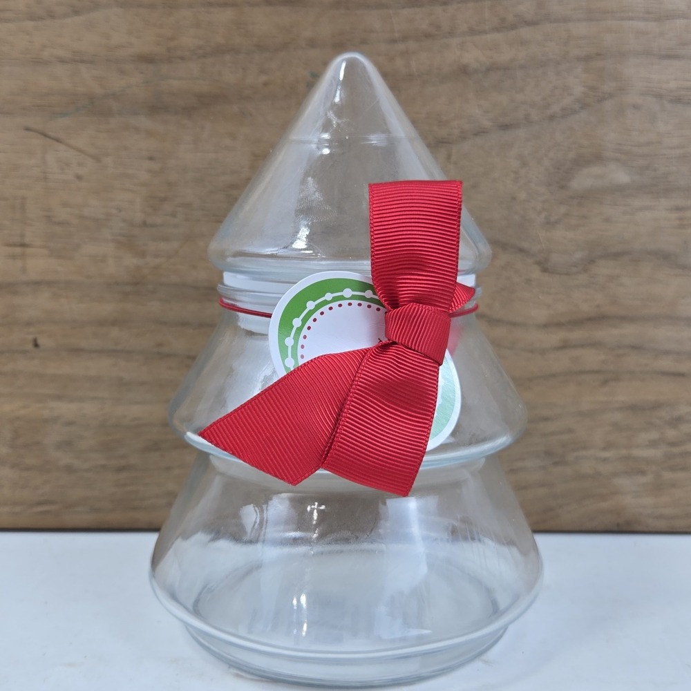 Vtg Small 6" Glass Christmas Tree Jar with Lid & Gift Tag Bow USA New Old Stock